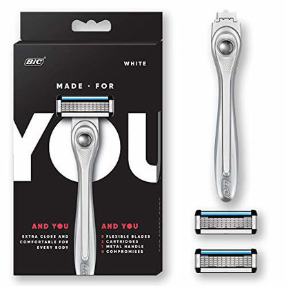 Picture of Made For You by BIC Shaving Razor Blades for Every Body - Men & Women, with 2 Cartridge Refills - 5-Blade Razors for a Smooth Close Shave, White, Kit