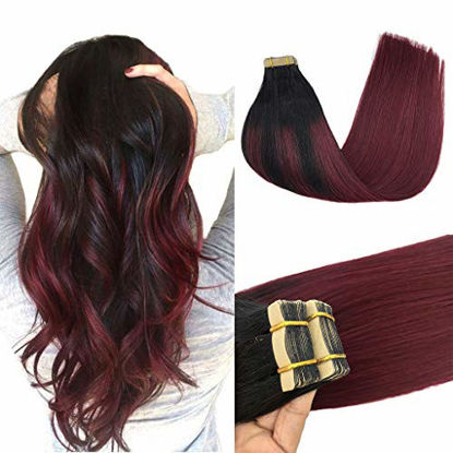 Picture of GOO GOO 18inch Ombre Tape in Hair Extensions Balayage Jet Black to Red Skin Weft Tape in Human Hair Extensions Natural Hair 20pcs 50g