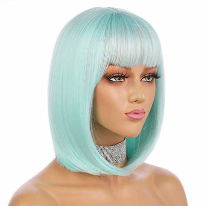 Picture of eNilecor Straight Short Bob Wigs 14" with Flat Bangs Cosplay Hair Wig for Women Natural As Real Hair (Mint Green)