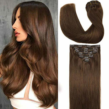 Picture of GOO GOO 14 Inch Clip in Hair Extensions Human Hair Chocolate Brown 7pcs 120g Remy Hair Extensions Clip in Human Hair Straight Real Human Hair Extensions for Women