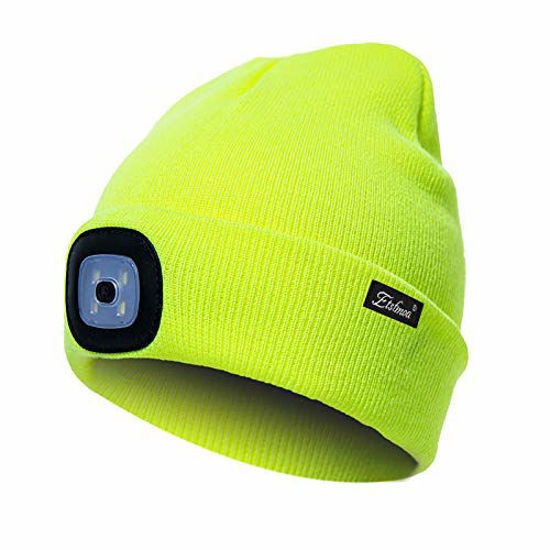 Picture of Etsfmoa Unisex LED Beanie Hat with Light, Gift for Men and Women USB Rechargeable Winter Knit Lighted Headlight Hats Headlamp Torch Skull Cap (Fluorescent Yellow)