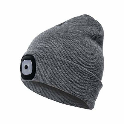Picture of Etsfmoa Unisex LED Beanie Hat with Light, Gifts for Men Dad Women USB Rechargeable Winter Knit Lighted Headlight Hats Headlamp Cap (Grey)
