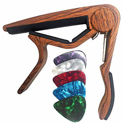 Picture of WINGO Classical Flat Guitar Capo for Nylon String Guitars-Rosewood Finish with 5 Picks.