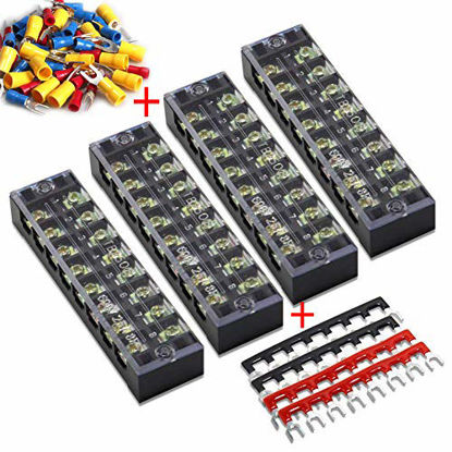 Picture of (56pcs) 4 Sets Terminal Block - 4pcs 8 Positions 600V 25A Dual Row Screw Terminals Strip with Cover+4pcs Pre-Insulated Barrier Jumper Strips Black & Red+48pcs Insulated Fork Wire Connector by MILAPEAK