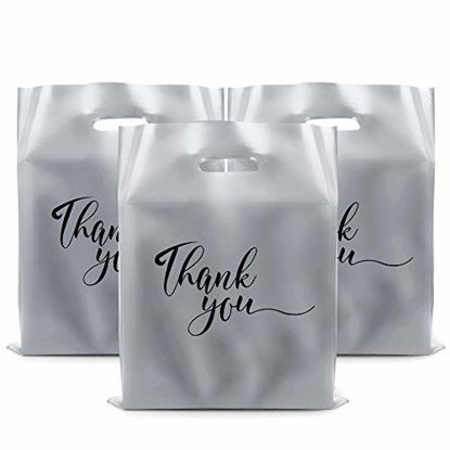 Picture of Rainbows & Lilies 100 Thank You Merchandise Bags 12x15, Die Cut Handles, Retail Shopping Bags for Boutique, Goodie Bags, Gift Bags Bulk, Favors, Extra Thick 2.36 Mil Reusable Plastic Bags (Silver)