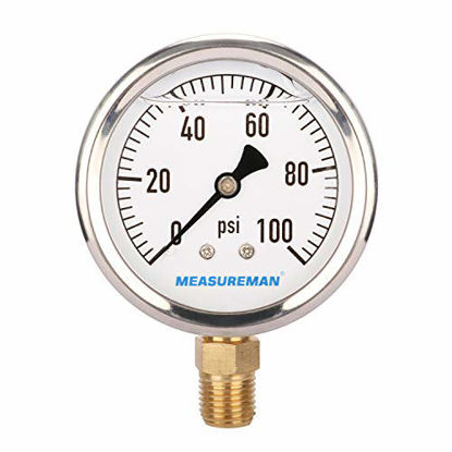 Picture of MEASUREMAN 2-1/2" Dial Size, Glycerin Filled Plumbing Pressure Gauge, 0-100psi, Stainless Steel Case, 1/4"NPT Lower Mount