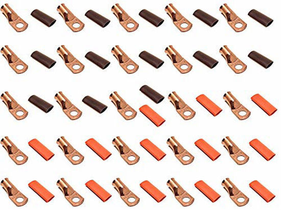 Picture of 25pcs 1/0 Gauge 1/0 AWG x 3/8 Pure Copper UL Listed Cable Lug Terminal Ring Connectors with Dual Wall Adhesive Lined Red + Black Heat Shrink Tubing - by WNI