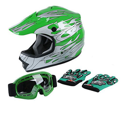 Picture of XFMT Youth Kids Motocross Offroad Street Dirt Bike Helmet Goggles Gloves Atv Mx Helmet Green Flame S