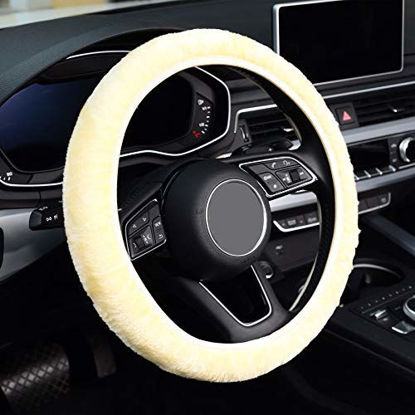 Picture of KAFEEK Elastic Long Microfiber Plush Steering Wheel Cover for Winter Warm , Universal 15 inch, Anti-Slip, Odorless, Yellow