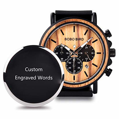 Picture of BOBO BIRD Mens Personalized Engraved Wooden Watches, Stylish Wood & Stainless Steel Combined Quartz Casual Wristwatches for Men Family Friends Customized Watch (Custom 1)