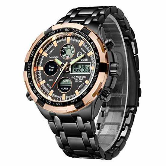 Picture of GOLDEN HOUR Heavy Stainless Steel Analog Digital Mens Watches Work Sport Waterproof Big Face Wristwatch Rose Gold Black