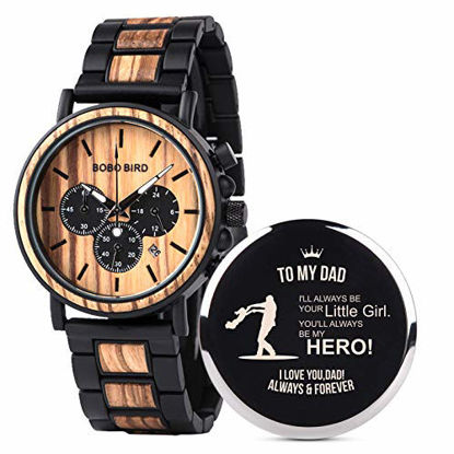 Picture of BOBO BIRD Mens Personalized Engraved Wooden Watches, Stylish Wood & Stainless Steel Combined Quartz Casual Wristwatches for Men Family Friends Customized Watch (b-for Dad from Daughter)