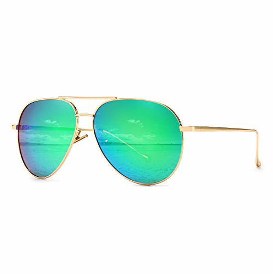 Picture of SUNGAIT Womens Lightweight Oversized Aviator Sunglasses - Mirrored Polarized Lens (Light-Gold Frame/Green Mirrored Lens, 60) SGT603 JKLV