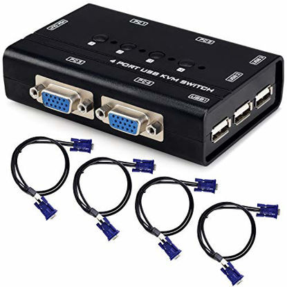 Picture of USB VGA KVM Switch with 4 Cables, 4 Port Selector Switcher for 4PC Sharing One Video Monitor and 3 USB Devices, Keyboard, Mouse, Scanner, Printer