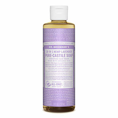 Picture of Dr. Bronners - Pure-Castile Liquid Soap (Lavender, 8 ounce) - Made with Organic Oils, 18-in-1 Uses: Face, Body, Hair, Laundry, Pets and Dishes, Concentrated, Vegan, Non-GMO