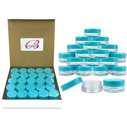 Picture of (100 Pieces Jars + Lid) Beauticom 3G/3ML Round Clear Jars with Teal Sky Blue Screw Cap Lids for Scrubs, Oils, Toner, Salves, Creams, Lotions, Makeup Samples, Lip Balms - BPA Free