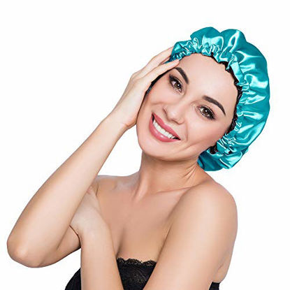 Picture of ELIHAIR Stain Bonnet Silky Sleep Cap Adjustable Satin Cap for Night Sleeping Hair Bonnet Reversible Double Layer Peacock Blue/Black