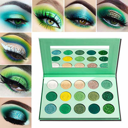 Picture of Green Eyeshadow Palette Matte Glitter,Afflano Highly Pigmented Pro Makeup Palettes Eye shadow forest emerald green Yellow 15 Color,Creme Shimmer Metallic Sparkle Eyeshadow Pallet for Women Christmas