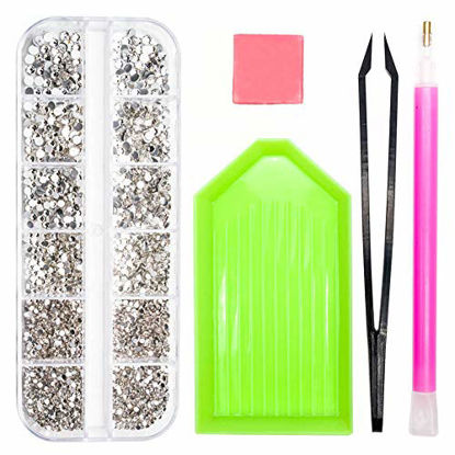 Picture of 2320 Pieces Clear Nail Stones and Gems, SS4/5/6/8/10/12 Mixed Crystals Glass Nail Art Rhinestones, Flat Back Round Beads with Storage Organizer Box/Picker Pencil/for Crafts Face Art Clothes Shoes