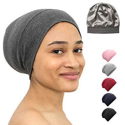 Picture of Satin Bonnet Lined Sleeping Beanie Hat Bamboo Headwear Frizzy Natural Hair Nurse Cap for Women and Men (Dark Gray)