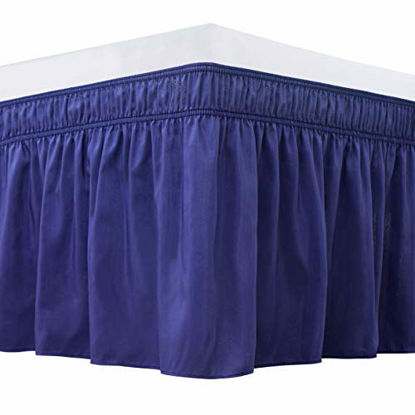 Picture of Biscaynebay Wrap Around Bed Skirts Elastic Dust Ruffles, Easy Fit Wrinkle and Fade Resistant Silky Luxrious Fabric Solid Color, Navy for King and California King Size Beds 21 Inches Drop
