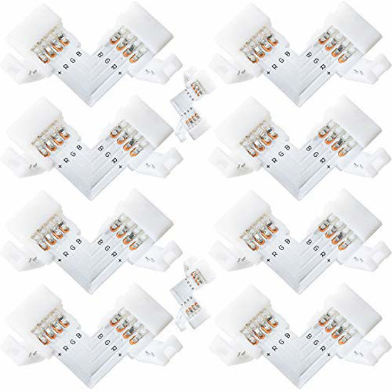 Picture of L Shape 4-Pin LED Connectors 10-Pack JACKYLED 10mm Wide Right Angle Corner Solderless Adapter Connector Terminal Extension with 22Pcs Clip Connectors for 3528/5050 SMD RGB 4 Conductor LED Light Strips