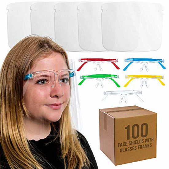 Picture of TCP Global Salon World Safety 100 Kids Face Shields with Glasses Frames (20 Packs of 5) - 5 Colors, 20 Each - Protective Children's Full Face Shields to Protect Eyes Nose Mouth - Anti-Fog PET Plastic