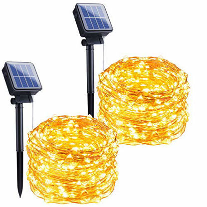 Picture of Outdoor Solar String Lights, 2 Pack 33Feet 100 Led Solar Powered Fairy Lights with 8 Lighting Modes Waterproof Decoration Copper Wire Lights for Patio Yard Trees Christmas Wedding Party (Warm White)
