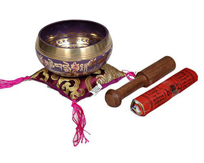 Picture of Tibetan Singing Bowl Set By Dharma Store - With Traditional Design Tibetan Buddhist Prayer Flag - Handmade in Nepal (Purple)