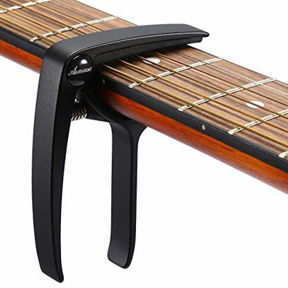Picture of Guitar Capo Trigger with 3pcs Guitar Picks Single Hand Use Quick Change Aluminum Alloy Black Capos for Classical Acoustic Electric Guitars Bass Ukulele and more