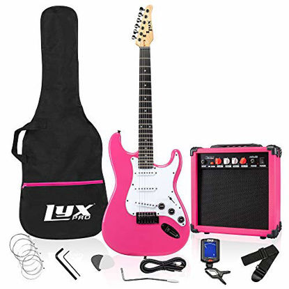 Picture of LyxPro 39" inch Full Size Electric Guitar with 20w Amp, Package Includes All Accessories, Digital Tuner, Strings, Picks, Tremolo Bar, Shoulder Strap, and Case Bag Complete Beginner Starter kit - Pink