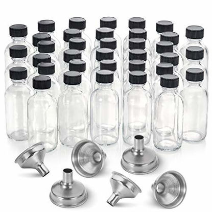 Picture of 36, 2 oz Small Clear Glass Bottles (60ml) with Lids & 6 Stainless Steel Funnels - Boston Round Sample Bottles for Potion, Juice, Ginger Shots, Oils, Whiskey, Liquids - Mini Travel Bottles, NO Leakage
