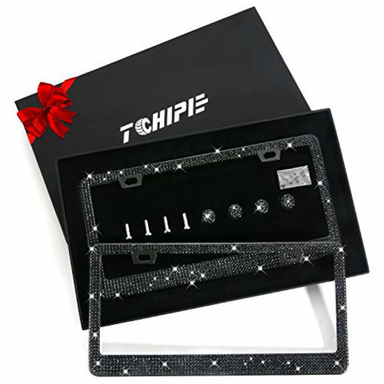 Bedazzled Sparkly Cute Diamond Car License Plate Frame Stainless Steel Frame Glitter Crystal Tag Frame Black Tchipie 1 Pack Bling Rhinestone License Plate Frames 