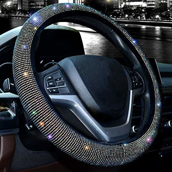 New Diamond Leather Steering Wheel Cover with Bling Bling Crystal  Rhinestones, Universal Fit 15 Inch Car Wheel Protector for Women Girls,Black