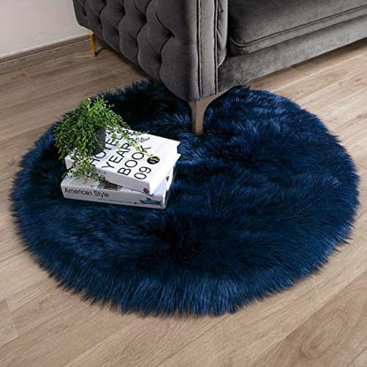 Picture of Ashler Faux Fur Navy Blue Round Area Rug Indoor Ultra Soft Fluffy Bedroom Floor Sofa Living Room 3 x 3 Feet