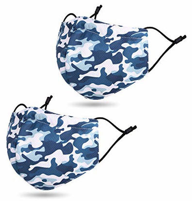 Picture of Unisex 2 Layers Fashion Face Madks Washable Reusable with Camo Design for Men Women, Breathable Colored Adult Dust Face Mouth Cloth with Adjustable Ear Loops and Nose Wire, 2 Pack Camo Blue