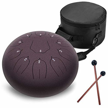 Picture of Steel Tongue Drum - 11 Notes 12 inches - Percussion Instrument -Handpan Drum with Bag, Music Book, Mallets, Finger Picks (12'', Dark Purple)