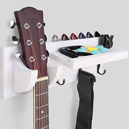 Picture of Bikoney Guitar Holder Wall Mount Bracket Hanger Guitar Wood Hanging Rack with Pick Holder and 3 Hook White
