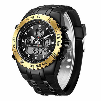 Picture of GOLDEN HOUR Huge Heavy Military Sports Watches for Men, 3ATM Waterproof, Stopwatch, Date and Date, Alarm, Luminous Digital Analog Wrist Watch with Rubber Band in Gold Black