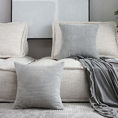 Picture of Home Brilliant 2 Packs Decor Soft Decorative Striped Corduroy Velvet Square Throw Pillow Sofa Cushion Covers for Couch, 20x20 inch (50cm), Light Grey
