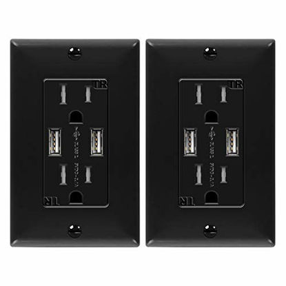 Picture of TOPGREENER 3.1A USB Wall Outlet Charger, 15A Tamper-Resistant Receptacles, Compatible with iPhone SE/11/XS/XR/X/8, Samsung Galaxy S20/S10/S9/Note, LG, HTC & More, TU2153A-BK-2PCS, Black, 2 Pack