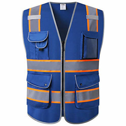 Picture of JKSafety 9 Pockets High Visibility Zipper Front Safety Vest | Blue with Dual Tone High Reflective Strips | Meets ANSI/ISEA Standards (Blue Orange Strips, X-Large)