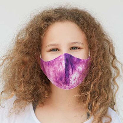Picture of Youth Washable Face Mask with Adjustable Earloops & Nose Wire - 3 Layers, 100% Cotton Inner Layer - Ages: 6-12 - Cloth Reusable Face Protection with Filter Pocket (Purple Tie Dye)