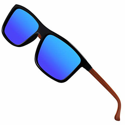 Picture of Polarized Sunglasses for Men Driving Mens Sunglasses Rectangular Vintage Sun Glasses For Men/Women Dark Blue Lens/Black and Woodgrain Frame