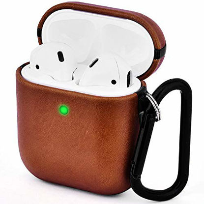 Picture of V-MORO Compatible with Airpods Case, Genuine Leather Airpod Case for Airpods 2 & 1 [Front LED Visible] Protective Cover Skin Brown