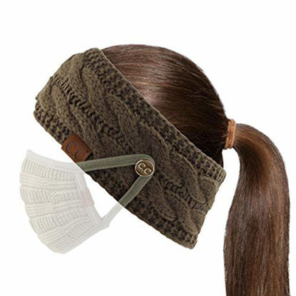 Picture of C.C Winter Fuzzy Fleece Lined Thick Knitted Headband Headwrap Epoxy Button for Face Masks (BHW-1) (A Button New Olive)