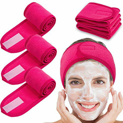 Picture of Spa Facial Headband Whaline 4 Packs Head Wrap Terry Cloth Headband Adjustable Stretch Towel for Bath, Makeup and Sport (Rose Red)