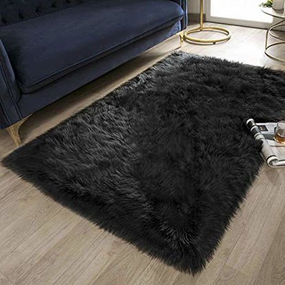 Picture of Ashler Soft Faux Rectangle Fur Chair Couch Cover Black Area Rug for Bedroom Floor Sofa Living Room Rectangle 3 x 5 Feet