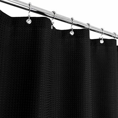 Picture of Extra-Long Waffle Weave Shower Curtain 71" W x 96" H - Hotel Luxury Spa, 230 GSM Heavy Weighted Fabric, Water Repellent, Black, 71x96
