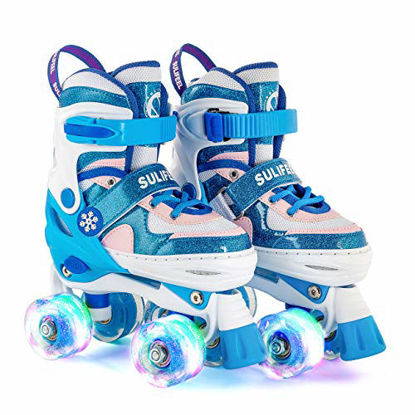 Picture of Sulifeel Rainbow Unicorn 4 Size Adjustable Light up Roller Skates for Girls Boys for Kids (Frozen Blue, Medium(13C-3Y US))